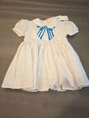 Morley Cream-White Dress with Blue Bow Print. Size 4